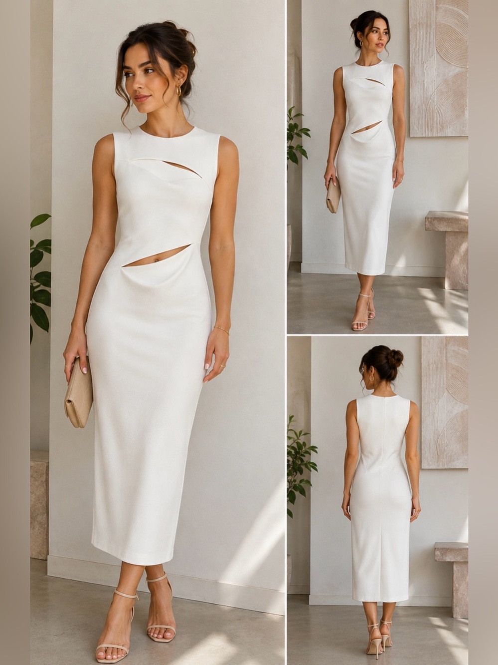 Zara White Sleeveless Asymmetrical Cutout Midi Dress Size L